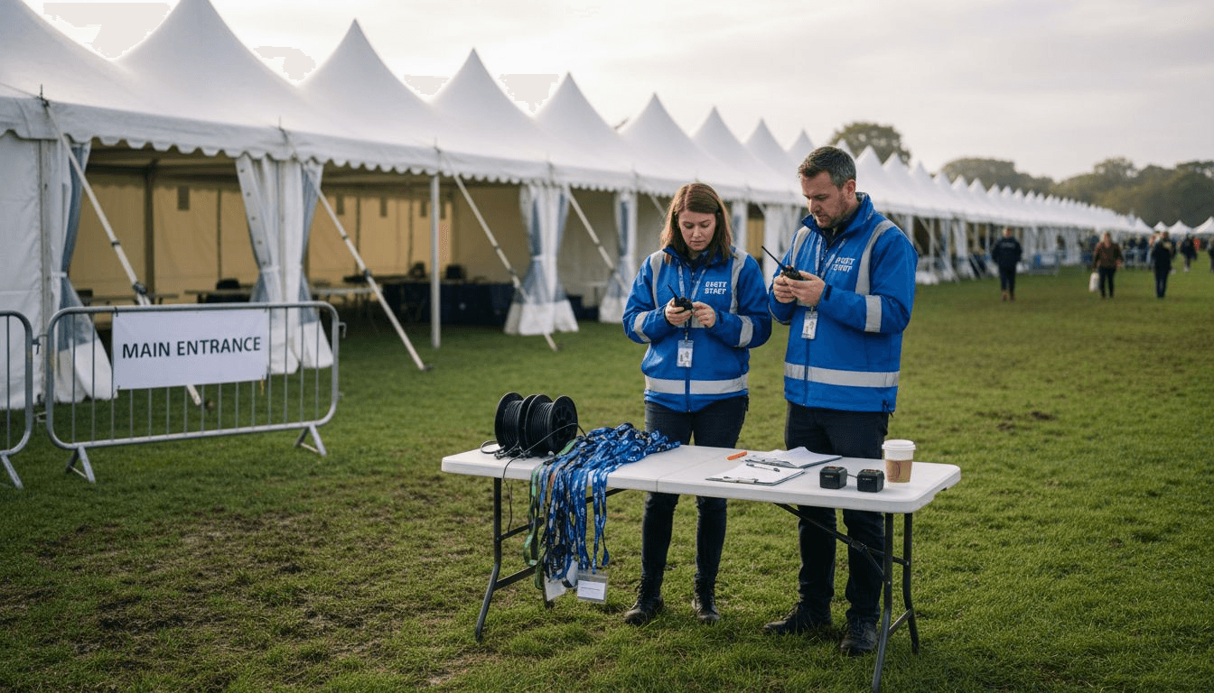 Event staff using two-way radios in park
