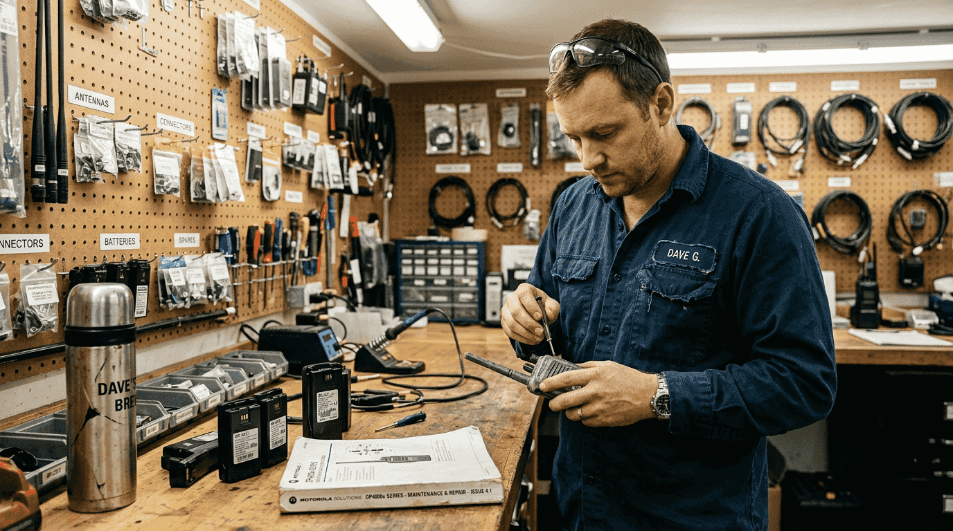 Radio technician inspects handheld radio at workbench