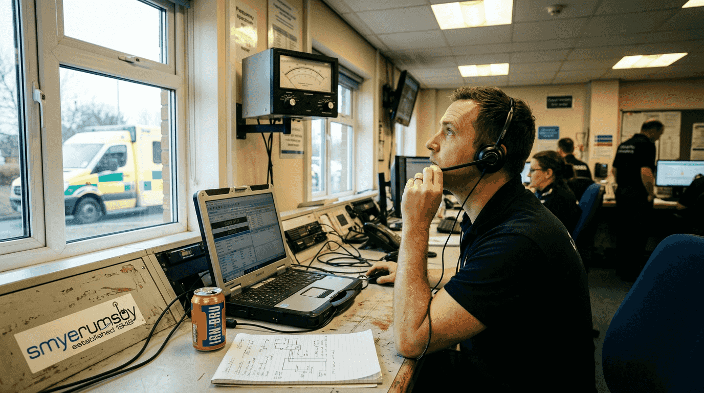 Technician adjusting radio equipment in control room