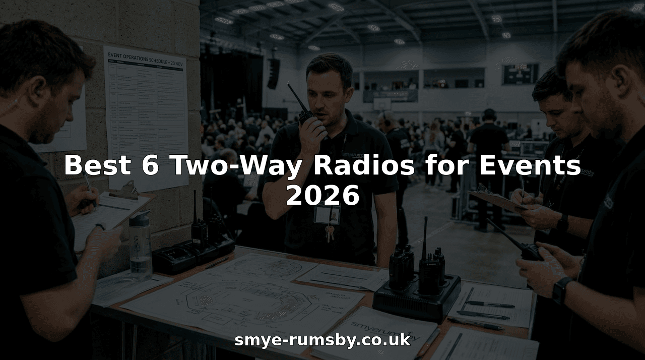 Event team communicating with two-way radios at operations table